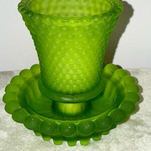 2 Pc Green Hobnail Glass Candle Holder with Base